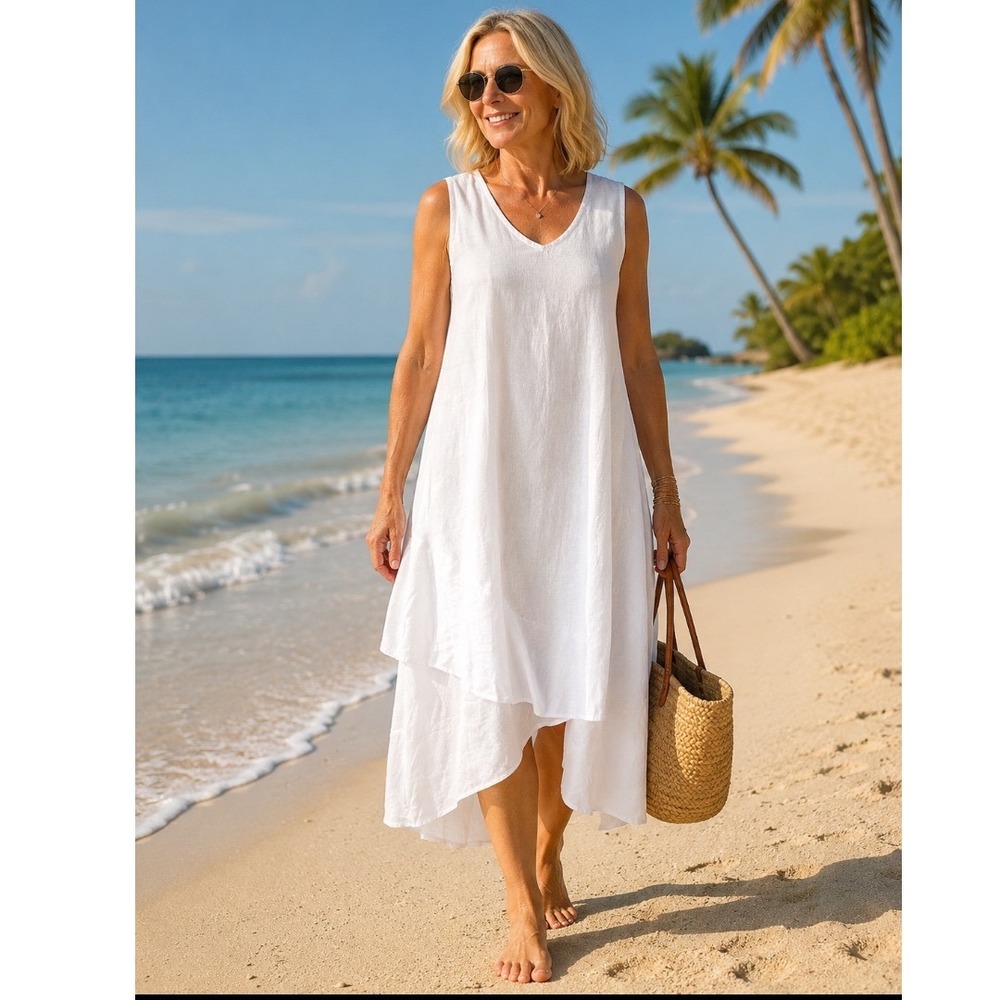 Jessica London White Linen  V-Neck Asymmetrical Handkerchief maxi dress